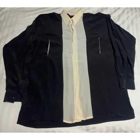 VINTAGE MENS GENELLI Black And Cream Two Tone SILK SHIRT NEHRU COLLAR XL Tall - Picture 2 of 8